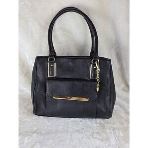 Anne Klein Black Faux Leather Tote Bag Gold‎ Tone Charm Accent